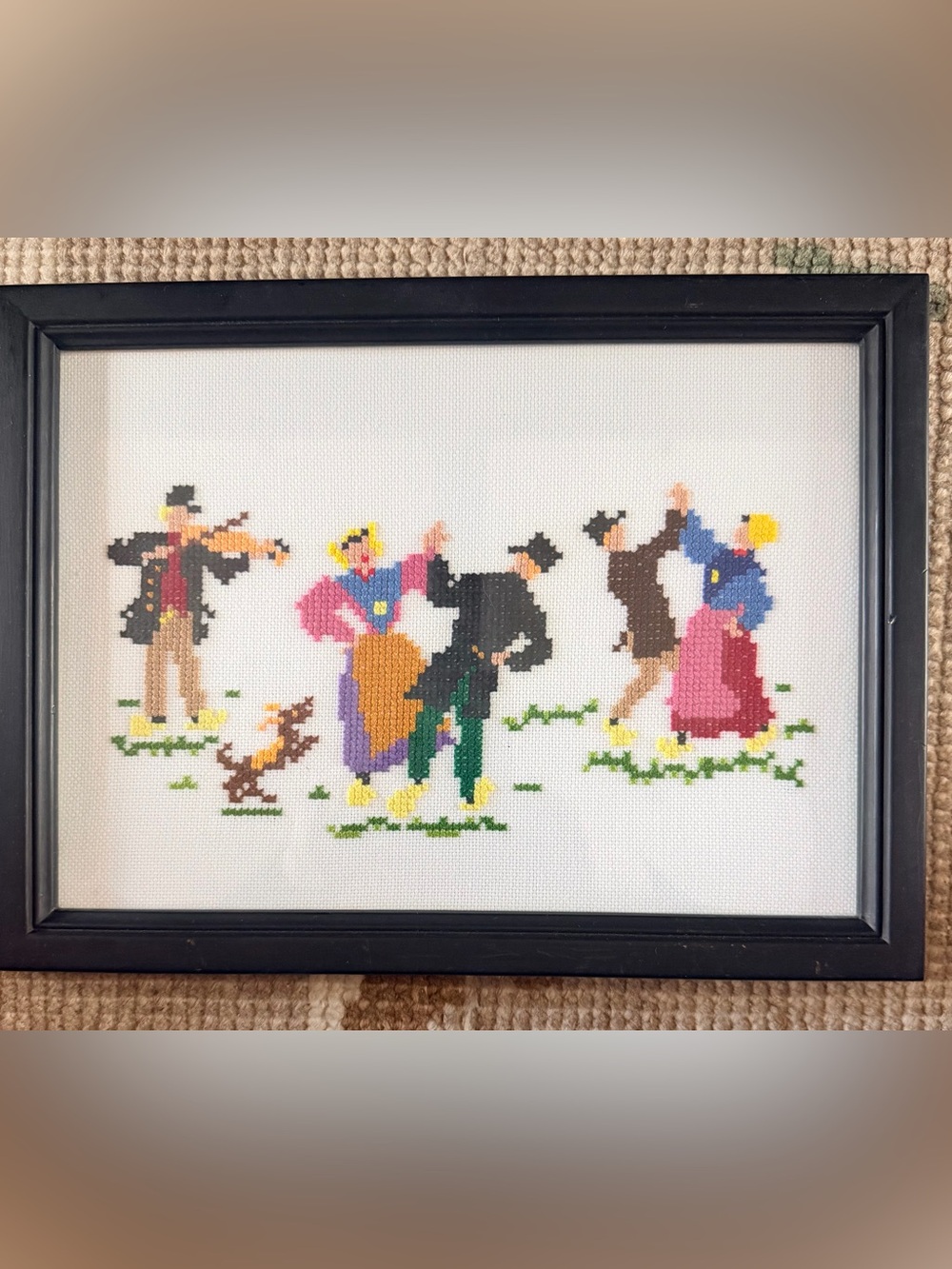 Framed Cross-Stitch Folk Dance Scene in Black Frame